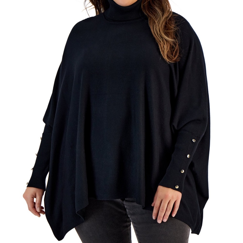 JM Collection size XX-Large Turtleneck Charcoal Knit Poncho-Style Top